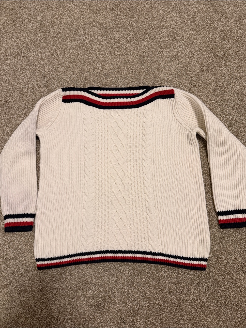 Tommy Hilfiger Cable Knit Boat Neck Sweater with Red & Navy Stripe Trim